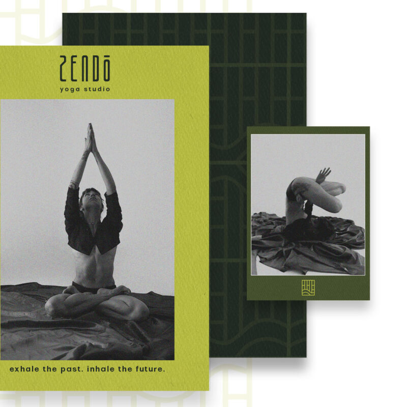 Zendo Yoga Studio stationery set, including letterhead and notepad, showcasing the brand’s minimalist design with nature-inspired colors.