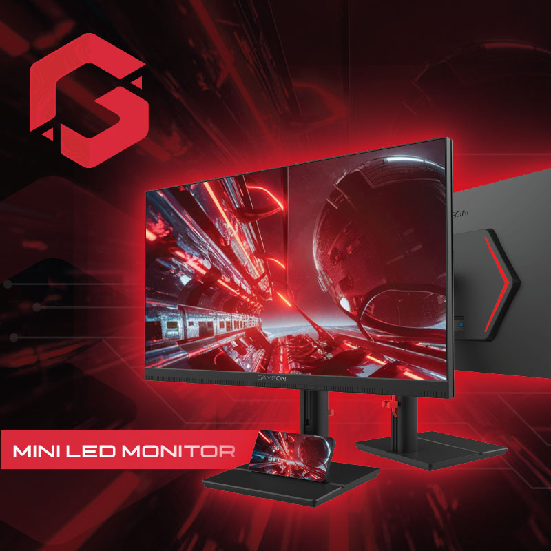 Gameon gaming monitor packaging box with a sleek red design, futuristic graphics, and product branding prominently displayed.