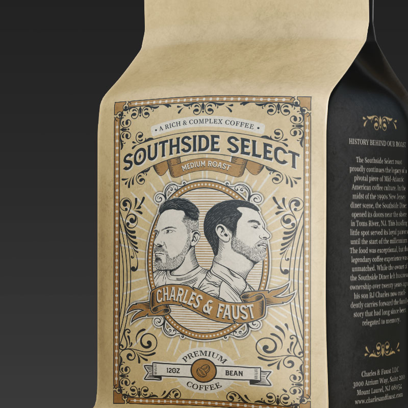 Close-up of the 'Southside Select Roast Coffee' packaging standing upright, emphasizing its nostalgic design and premium feel.