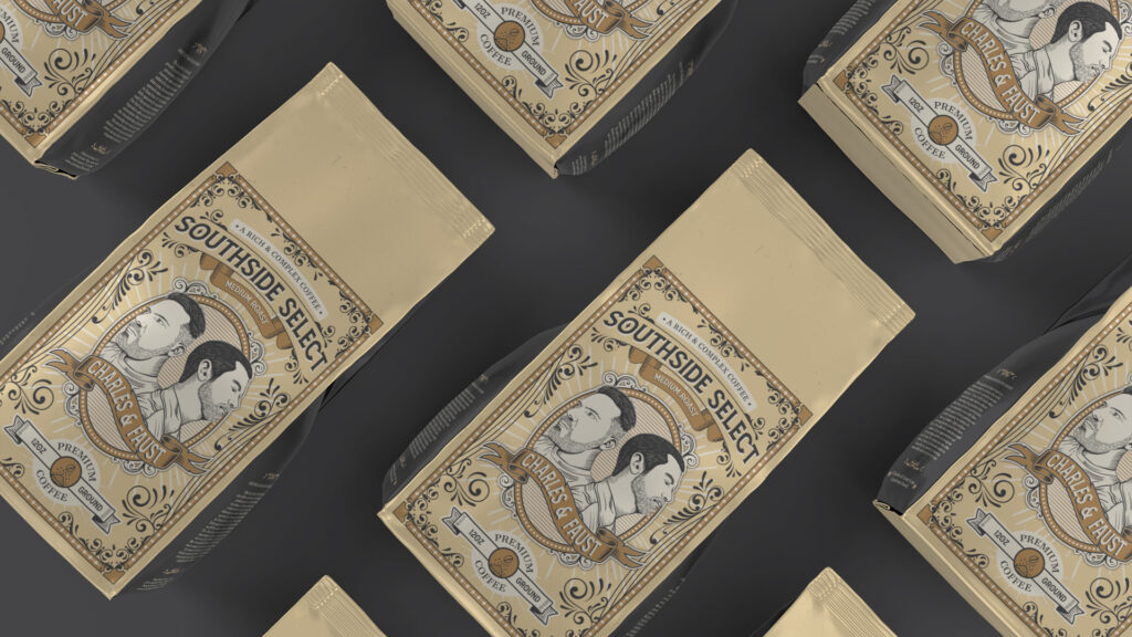 Flat lay display of 'Southside Select Roast Coffee' packages arranged neatly, showcasing the detailed retro design, muted color palette, and tribute to the Southside Diner heritage.