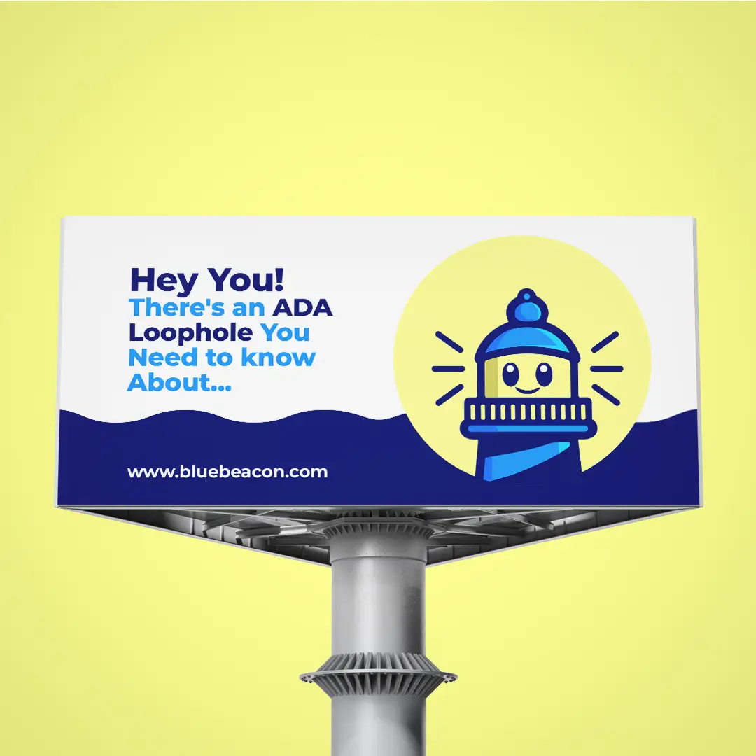 A billboard advertisement for Blue Beacon with the lighthouse logo and a message promoting accessibility training.