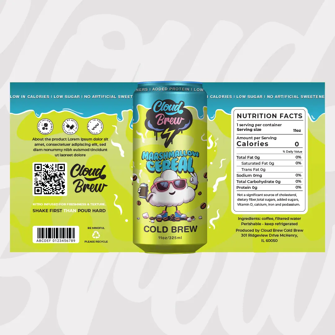 Close-up of the back label of a Cloud Brew can, showcasing nutritional information, ingredients, and a playful, colorful design in shades of blue, green, and yellow.