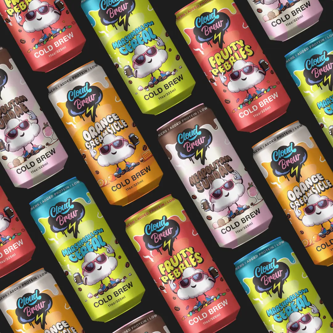 A top-down view of Cloud Brew cans scattered in an artistic arrangement. The vibrant packaging features various colorful designs representing different flavors.