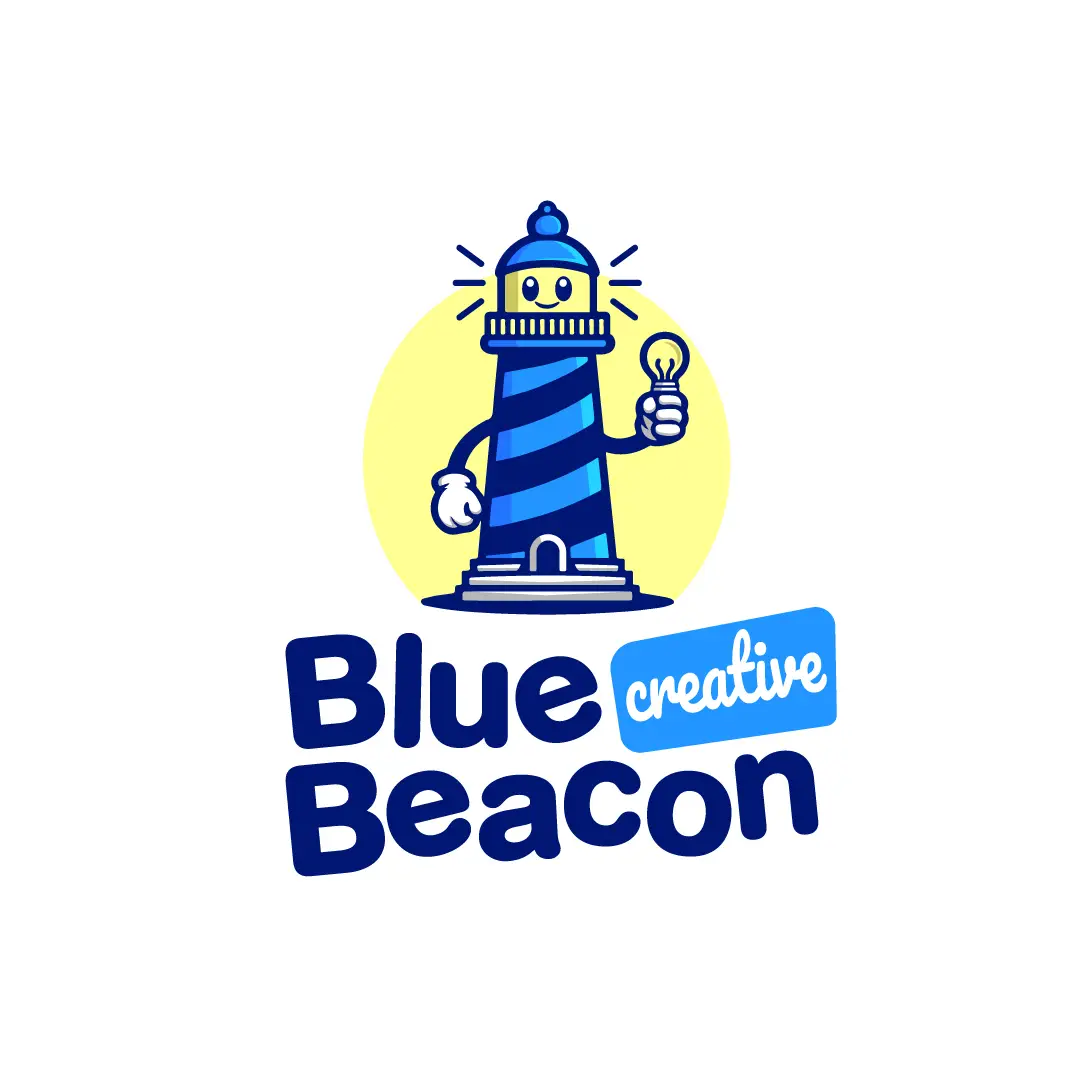 A modern lighthouse-themed logo for Blue Beacon, featuring a friendly lighthouse character with a blue and yellow color scheme.