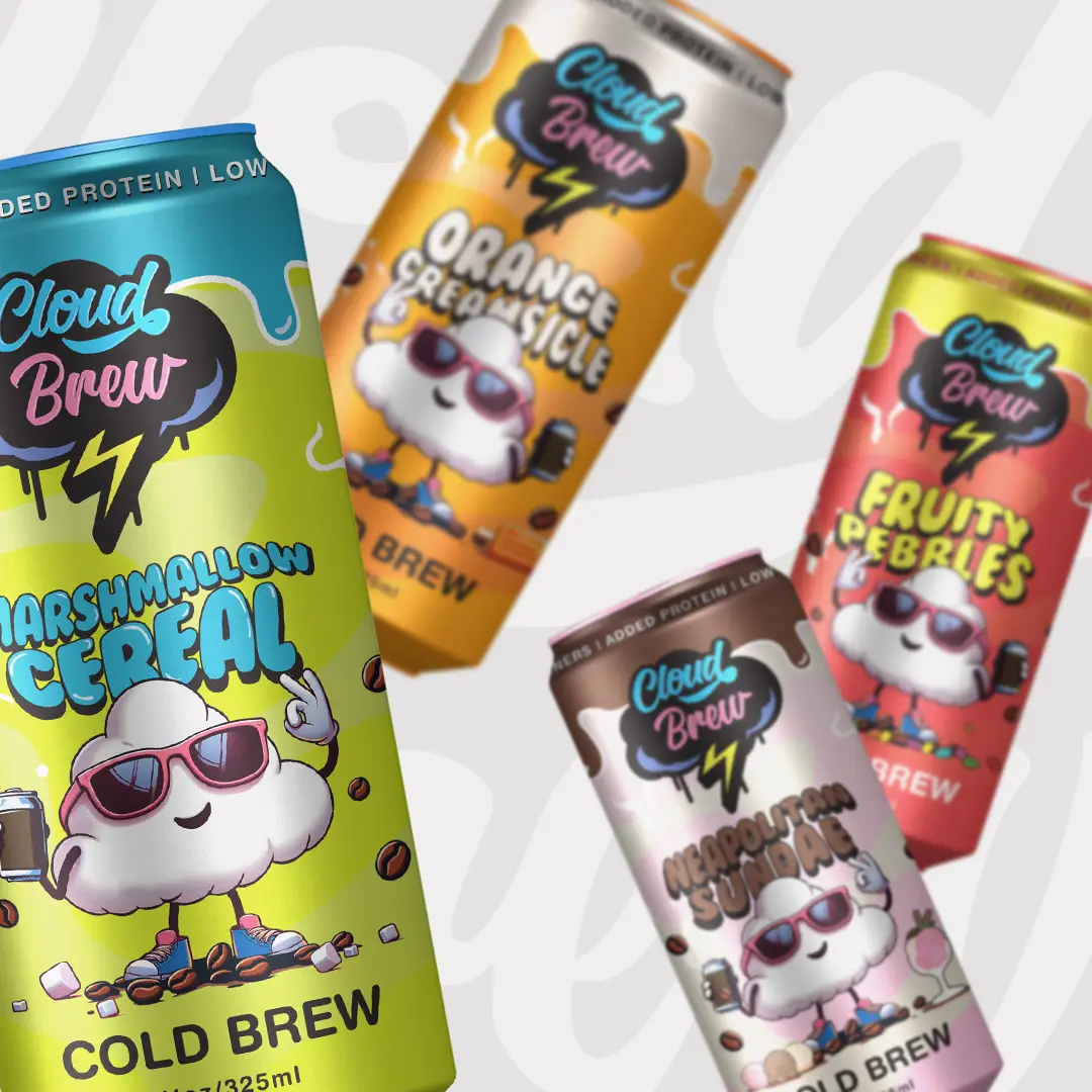 A neatly arranged lineup of Cloud Brew cans featuring four different flavors. The packaging is bold and colorful, highlighting the unique designs for each flavor.