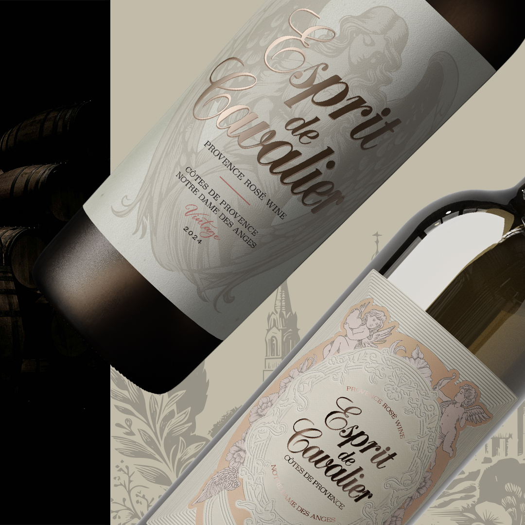 Two Esprit de Cavalier wine bottles side-by-side, highlighting the consistent design theme across the product line.